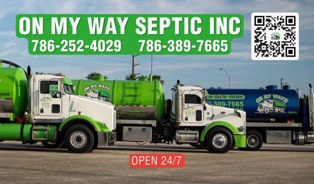 poster with a text "on my way septic inc" and phone numbers, QR Code, "Open 24/7" text, and cleaning tankers in background